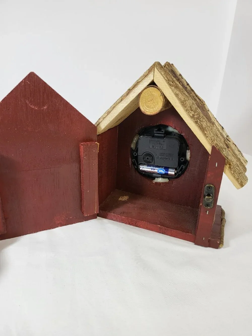Vintage Handcrafted Wooden Log Cabin Shelf Clock, Rustic Folk Art Mantel Clock